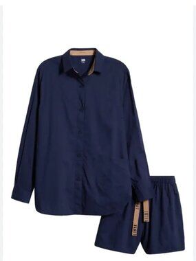 Lunya Airy Cotton & Silk Curve Hem Short Pajama Set Blue SIZE XL